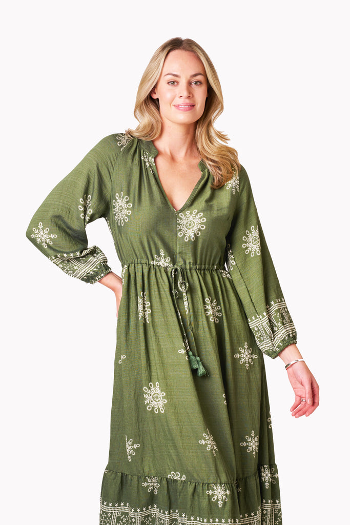 Solstice Midi Dress Green Print Dresses Boho   