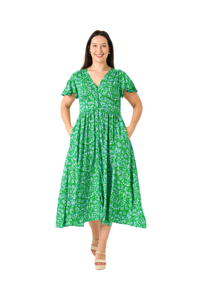 Glover Dress Green Print Dresses Boho S(8-10)  