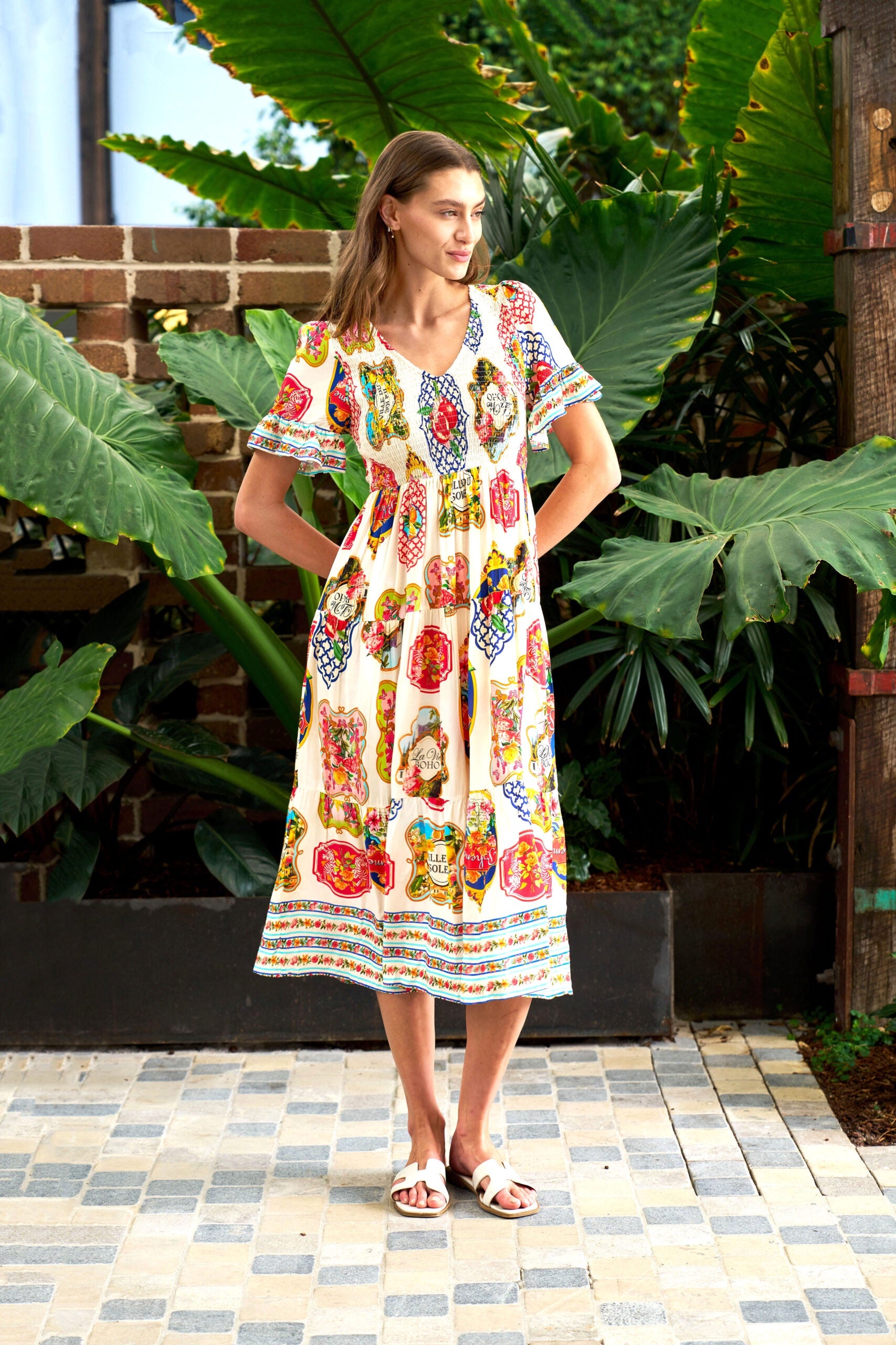 Chandler Midi Dress Cream Multi - Global Free Style