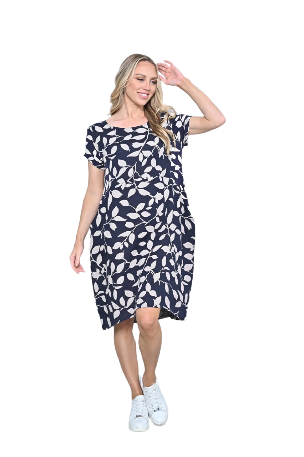 Leaf Linen Dress Navy - Global Free Style