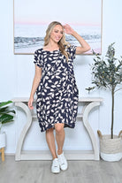 Leaf Linen Dress Navy - Global Free Style