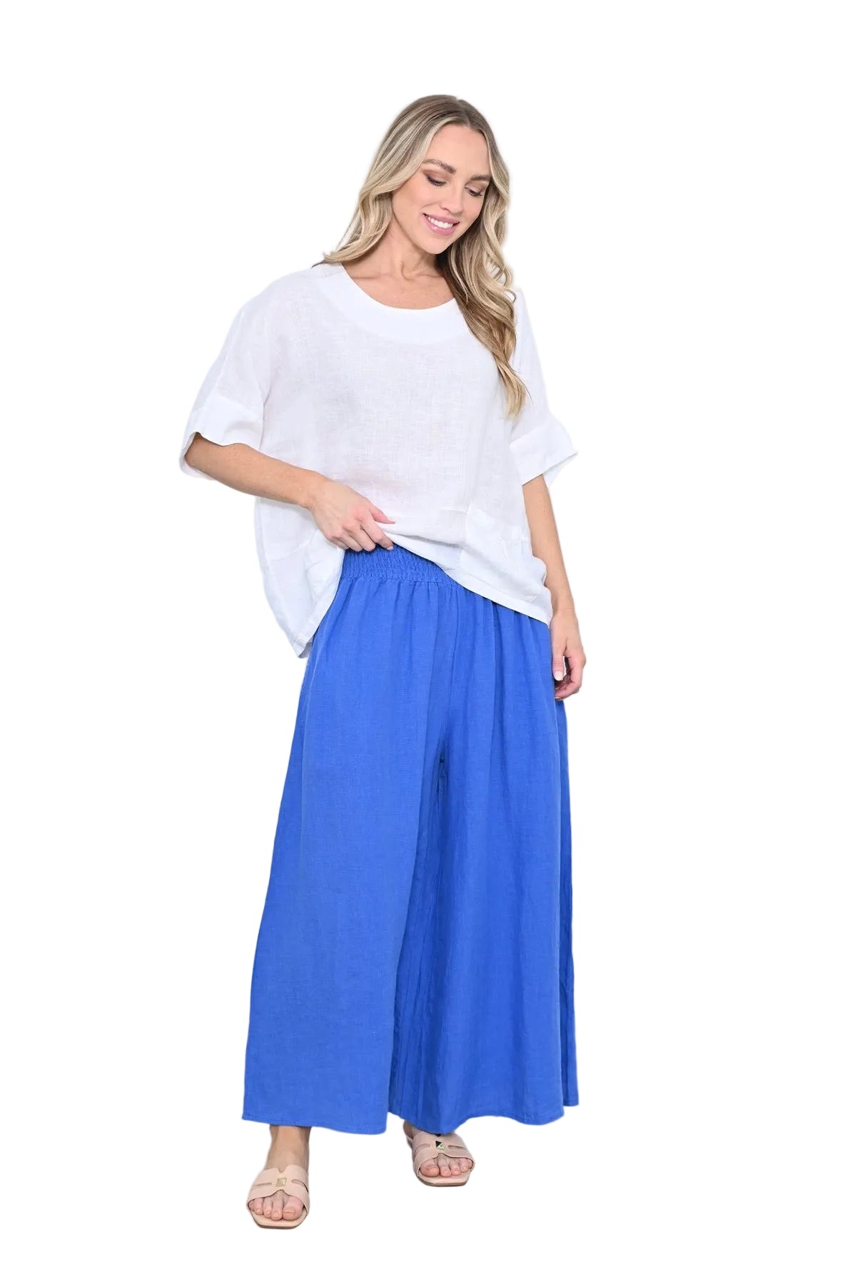 Wide Leg Linen Pant with Side Pockets Cobalt Blue Bottoms Cali & Co S/M