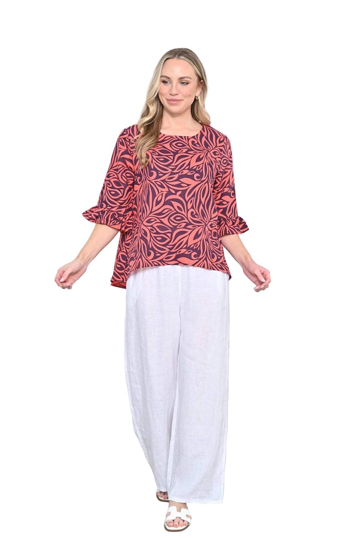 Flare SL Swirl Linen Top Red Tops Cali & Co S/M