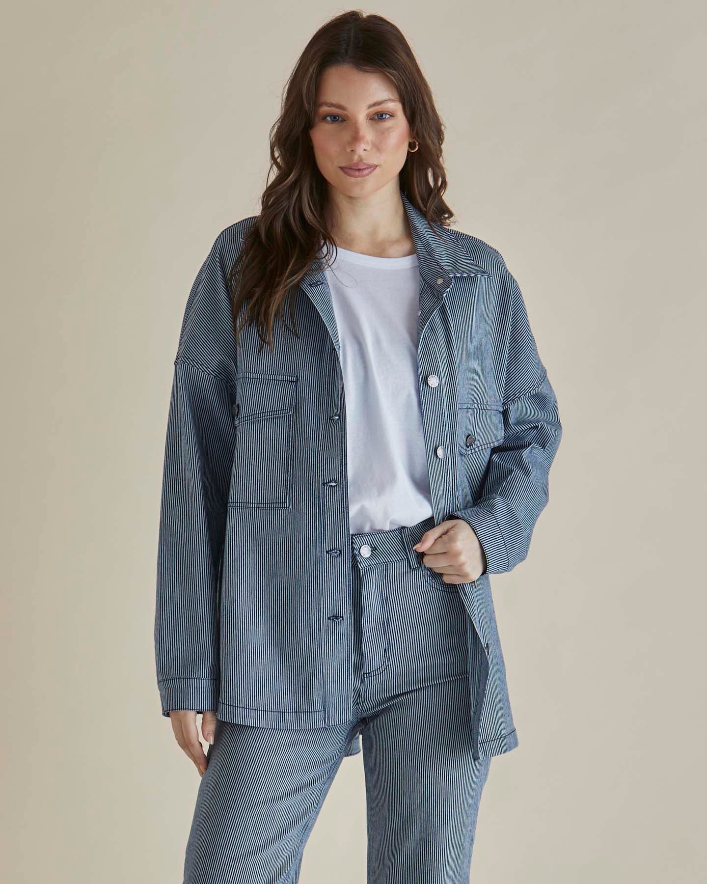 Cherry Denim Shirt - Pinstripe Tops Betty Basics