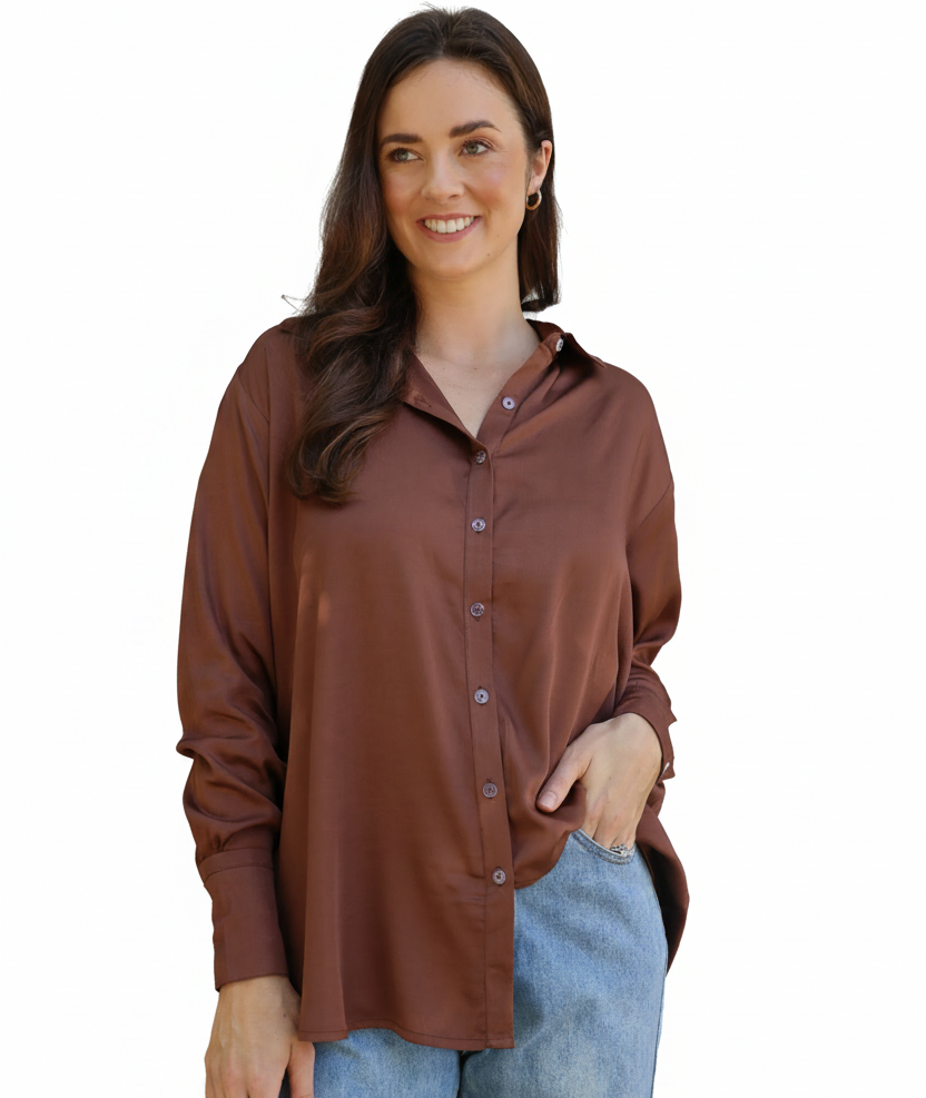 Solid Satin Shirt Chocolate Tops Joops and Gypsy 8