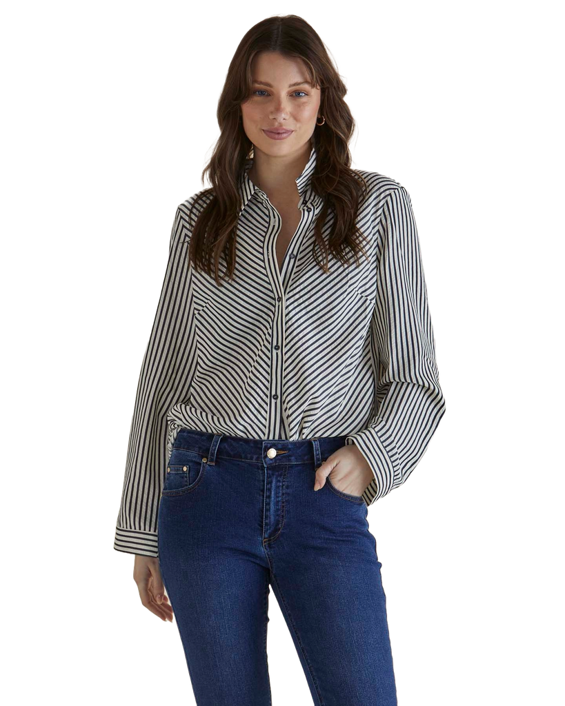Crinkle Shirt - Black/White Stripe Dresses Betty Basics 6