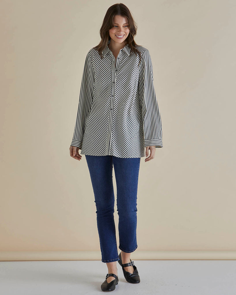 Crinkle Shirt - Black/White Stripe Dresses Betty Basics