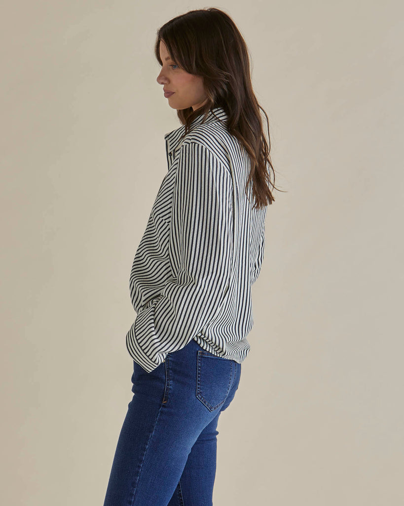Crinkle Shirt - Black/White Stripe Dresses Betty Basics