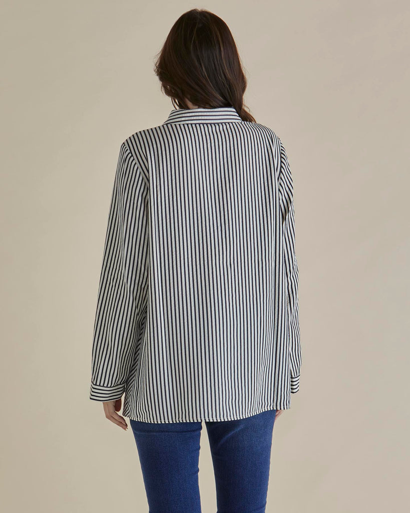 Crinkle Shirt - Black/White Stripe Dresses Betty Basics