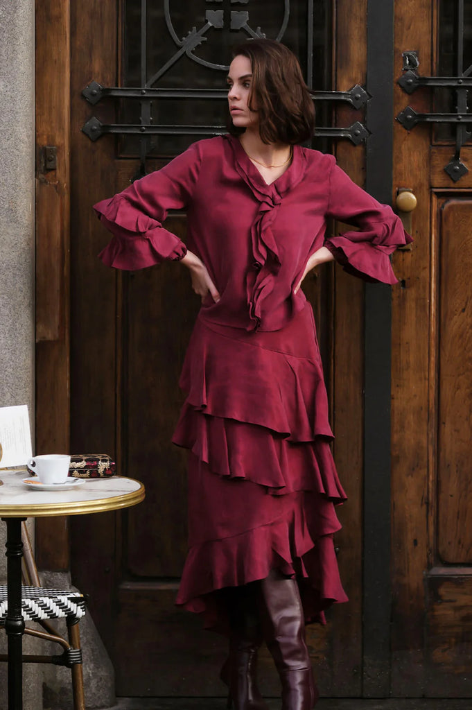 Peta Frilled Cupro Skirt Burgundy Skirts Adorne