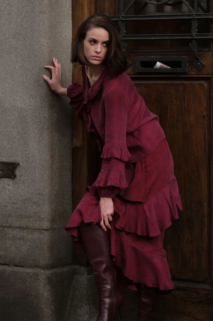 Peta Frilled Cupro Skirt Burgundy Skirts Adorne