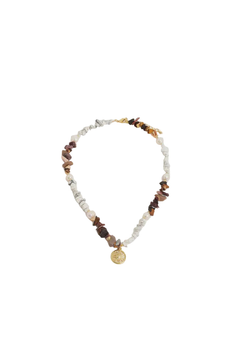 Sun Charm Stone Chip Pearl Necklace Choc/White Necklaces Adorne