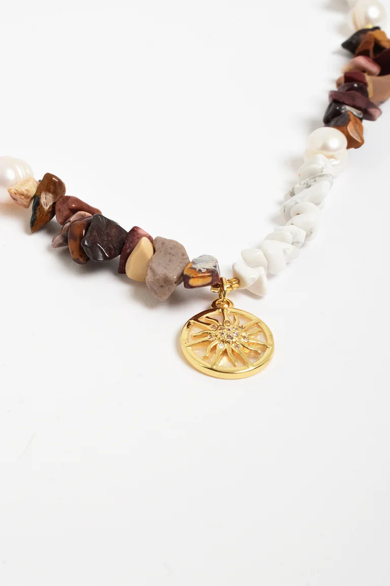 Sun Charm Stone Chip Pearl Necklace Choc/White Necklaces Adorne