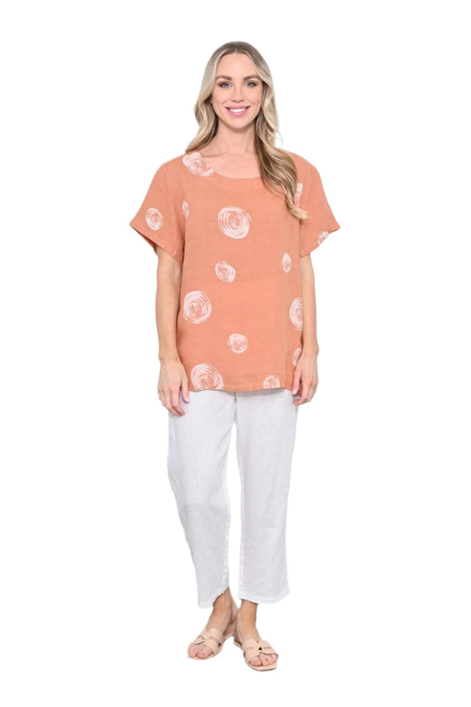 Circle Print Linen Top Rust Tops Cali & Co   