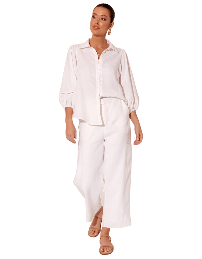 Delaney Cropped Cargo Linen Pant White Bottoms Adorne   