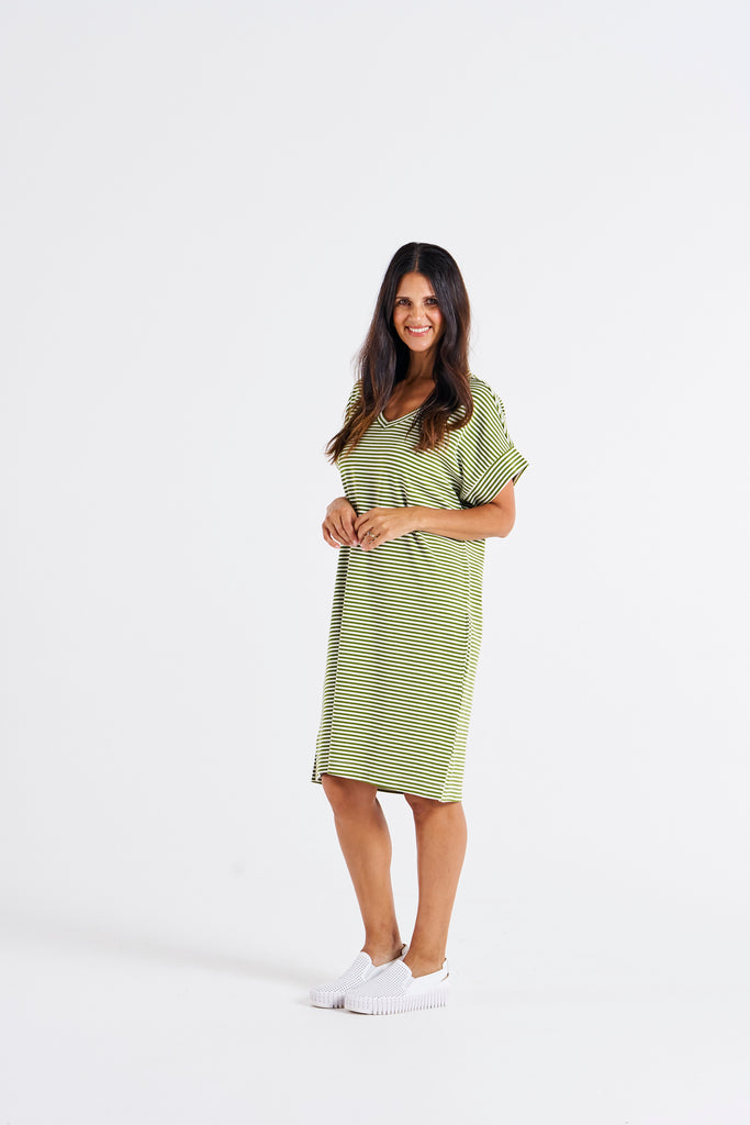 Elise V-Neck Rib Dress Avocado Stripe Dresses Betty Basics   