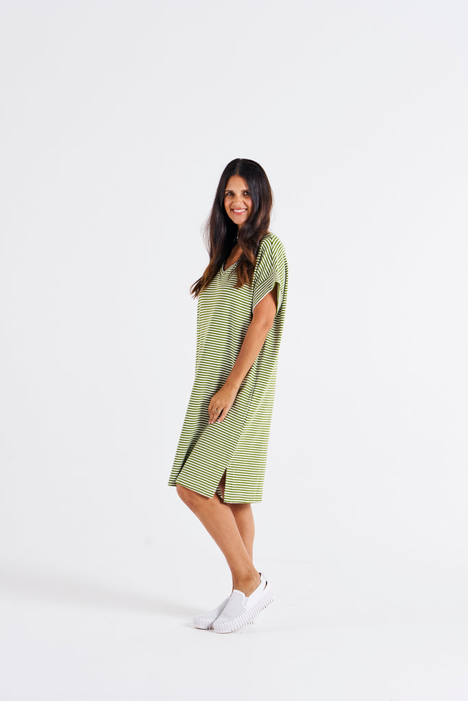 Elise V-Neck Rib Dress Avocado Stripe Dresses Betty Basics   