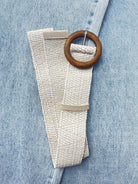 Evie Stretch Belt round wooden buckle cream stripes Belts Evie Clare