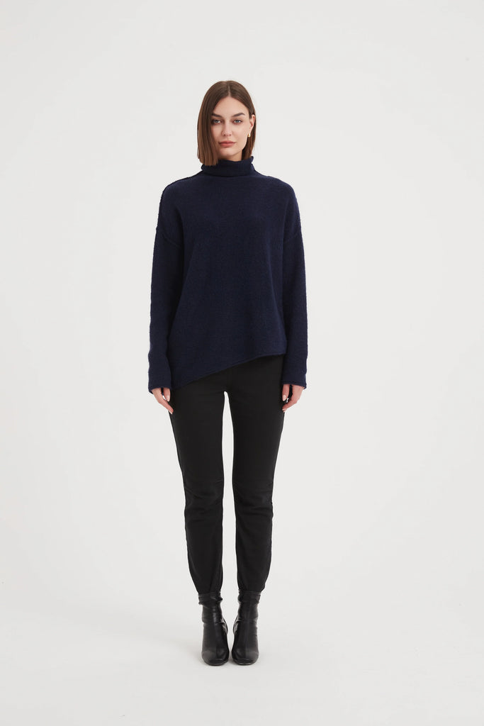 Exposed Seam Funnel Neck Knit Navy Tops Tirelli   