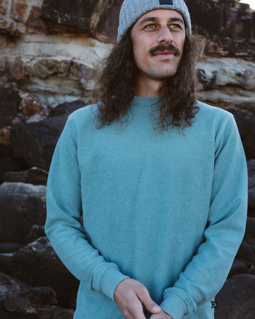 Faded Jade Green  French Terry Ribbed Sweater - Global Free Style