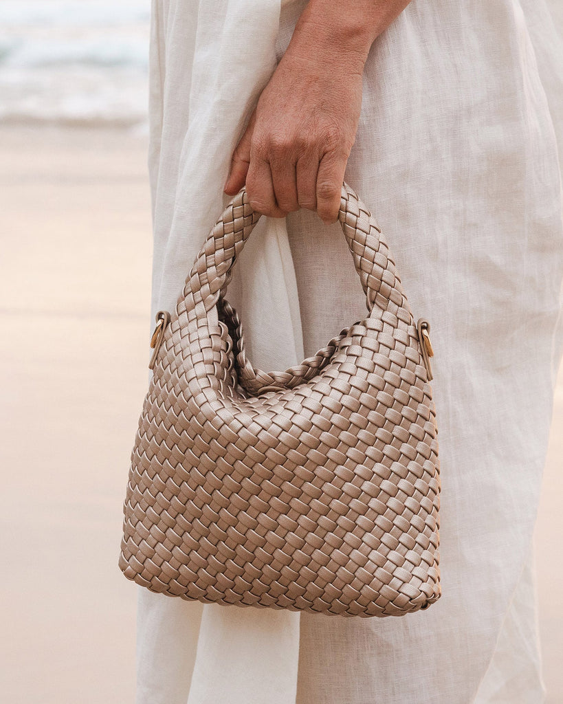 Gabby Mini Woven Shoulder Bag Pink Champagne Bags and Purses Louenhide
