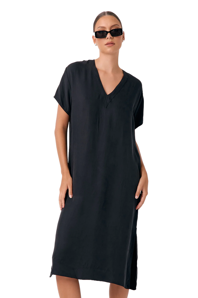 Georgia V Neck Cupro Midi Dress Black Dresses Adorne