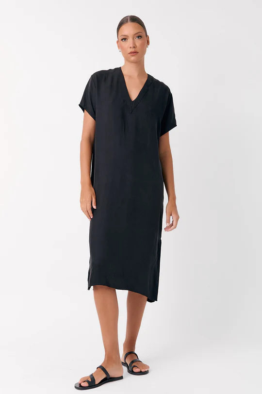 Georgia V Neck Cupro Midi Dress Black Dresses Adorne