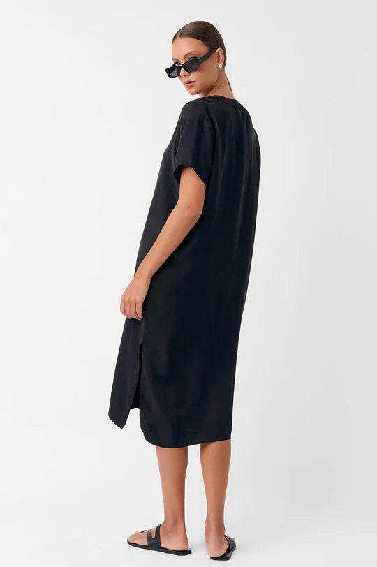 Georgia V Neck Cupro Midi Dress Black Dresses Adorne