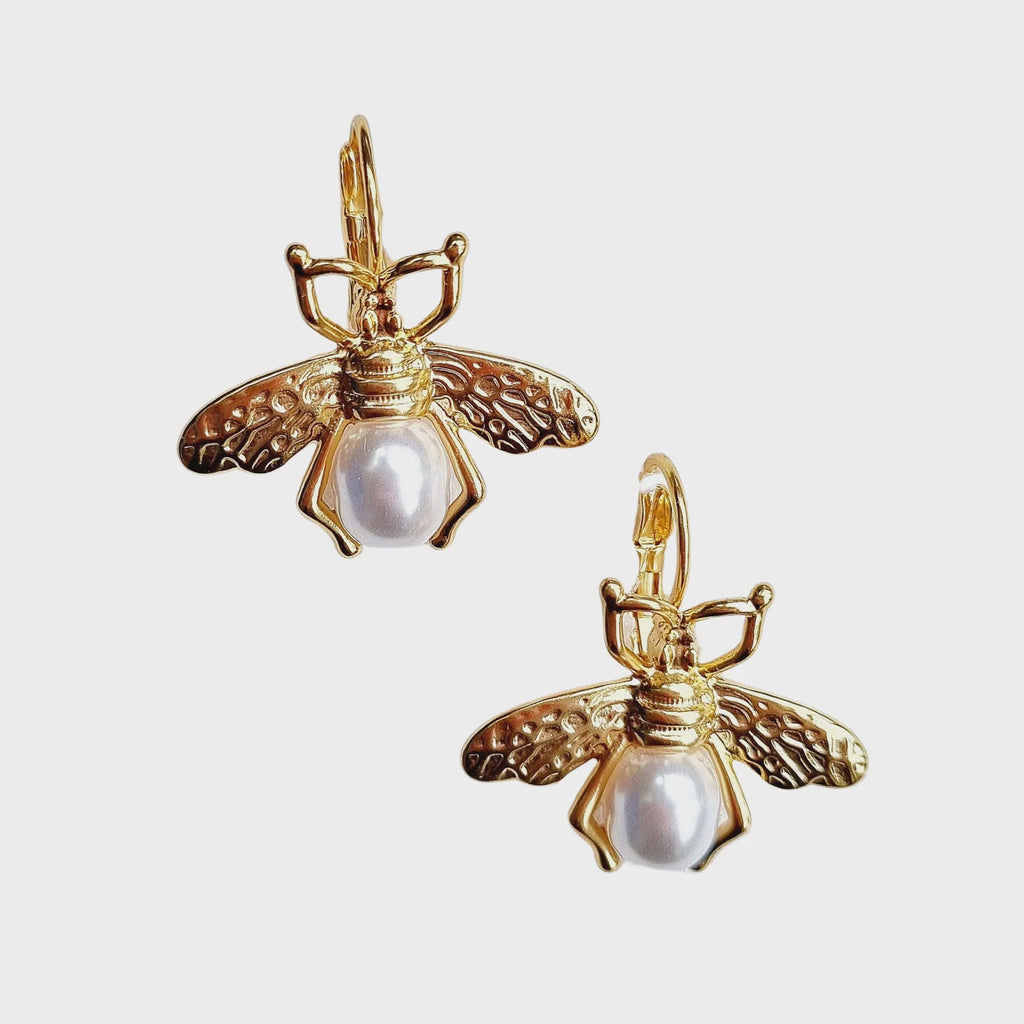 Gold Bee Pearl French Clip Earring Earrings Zoda   