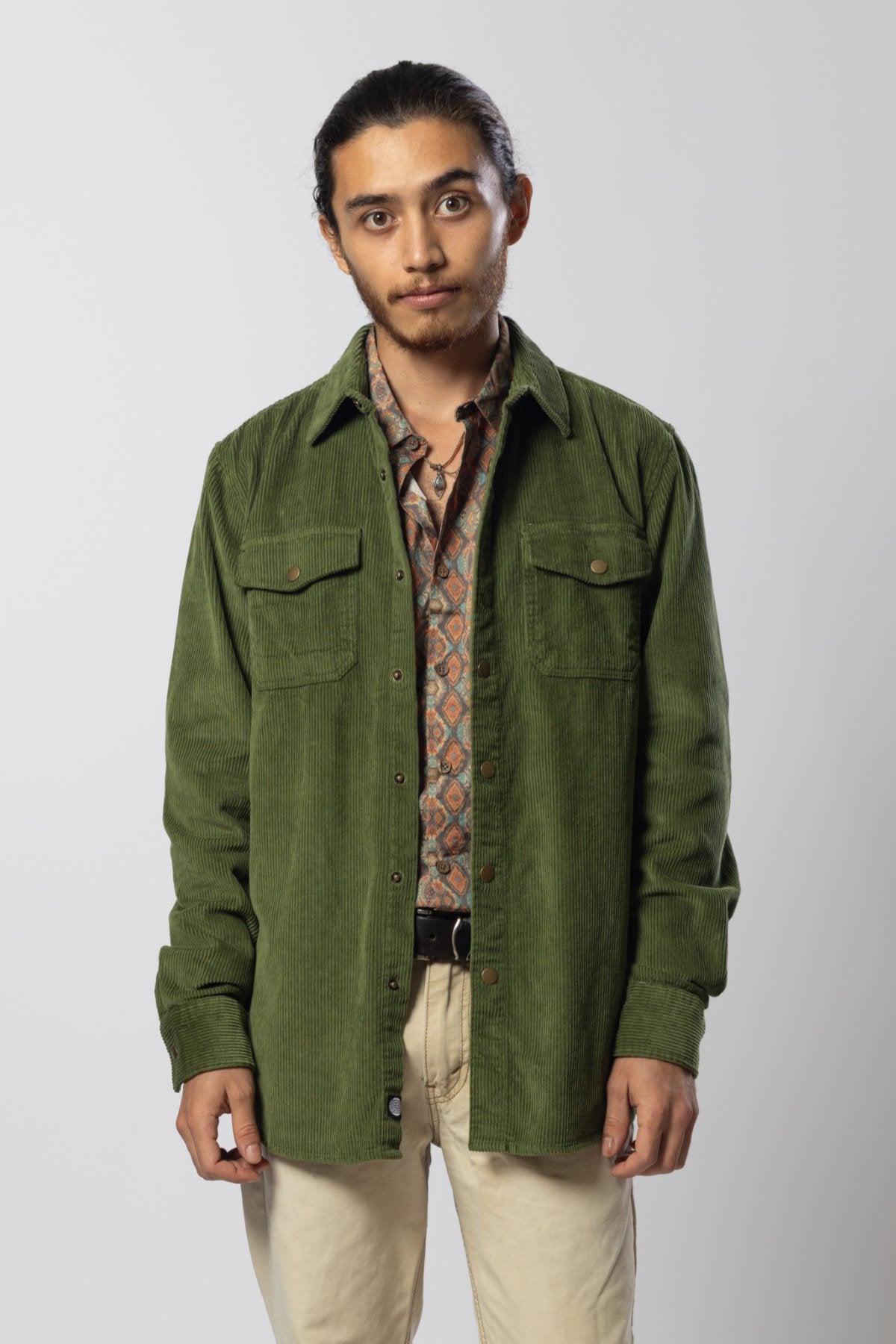 Corduroy Long Moss Green Shirt Mens Tops Skumi