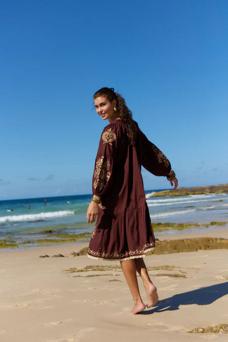 Molly Dress Bronte Embroidery Chocolate Dresses Naudic