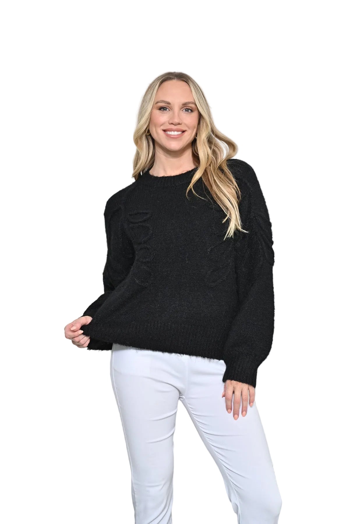 Relaxed Fit Jumper with Knitted Applique Detail Black - Global Free Style