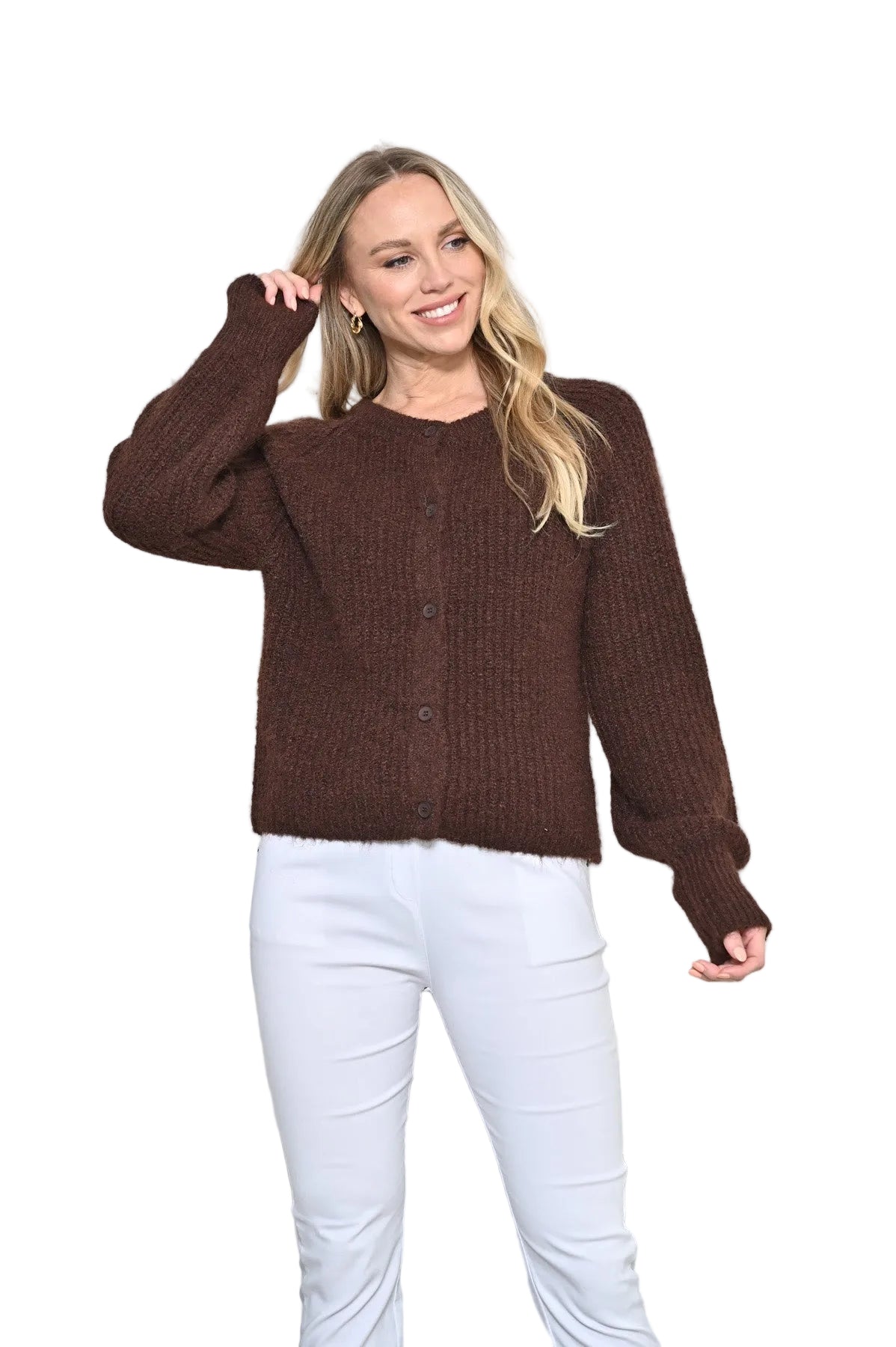 Ribbed Button Front Cardigan Chocolate - Global Free Style