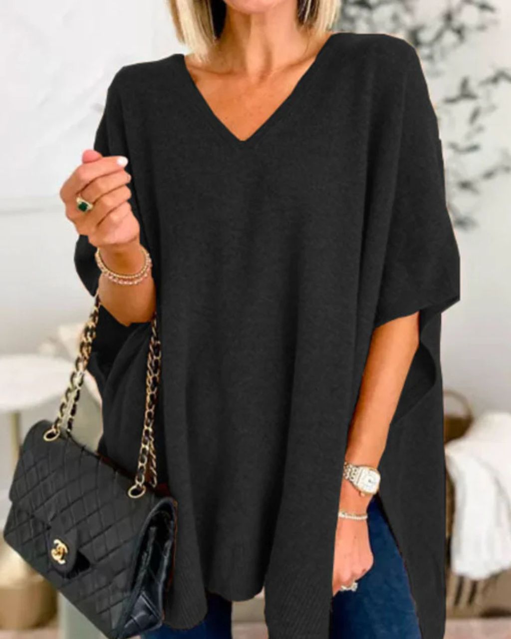 V-neck Loose Fit Poncho Knitted Top Black Tops Mutig