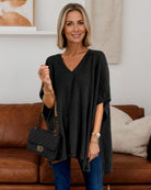 V-neck Loose Fit Poncho Knitted Top Black Tops Mutig