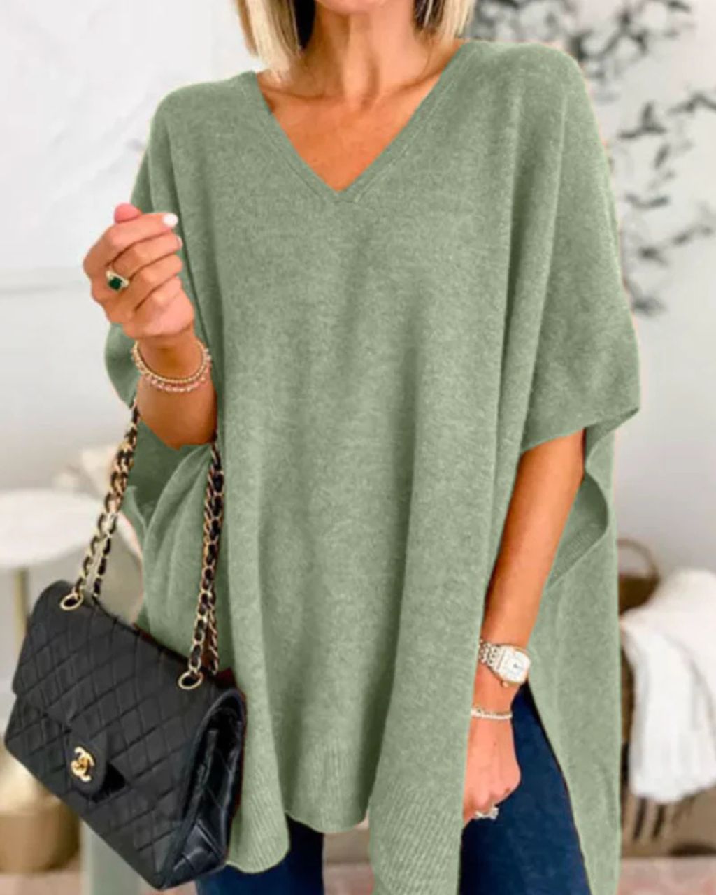 V-neck Loose Fit Poncho Knitted Top Sage Tops Mutig