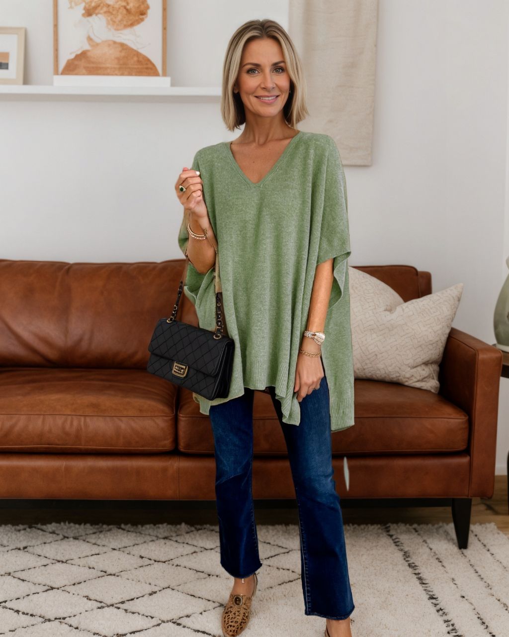 V-neck Loose Fit Poncho Knitted Top Sage Tops Mutig