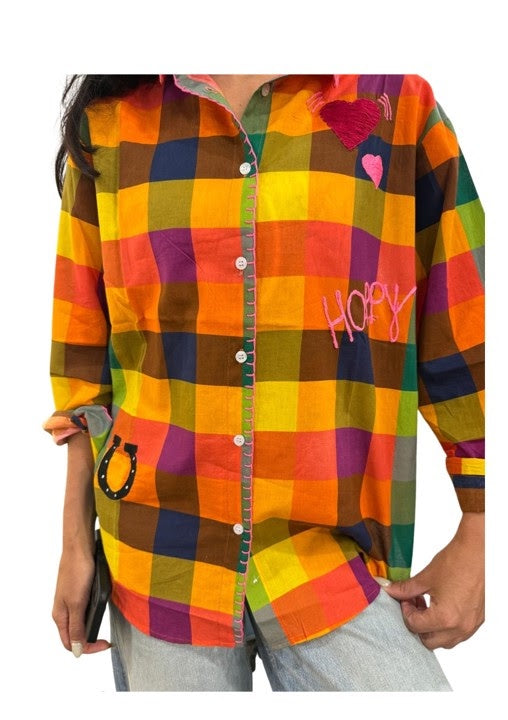 Happy Rainbow embroidery multicoloured check shirt Tops Zoda S/M