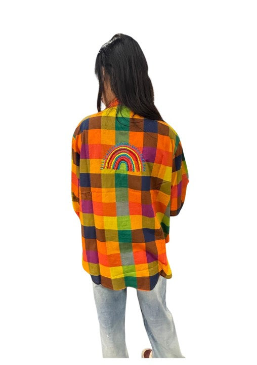 Happy Rainbow embroidery multicoloured check shirt Tops Zoda