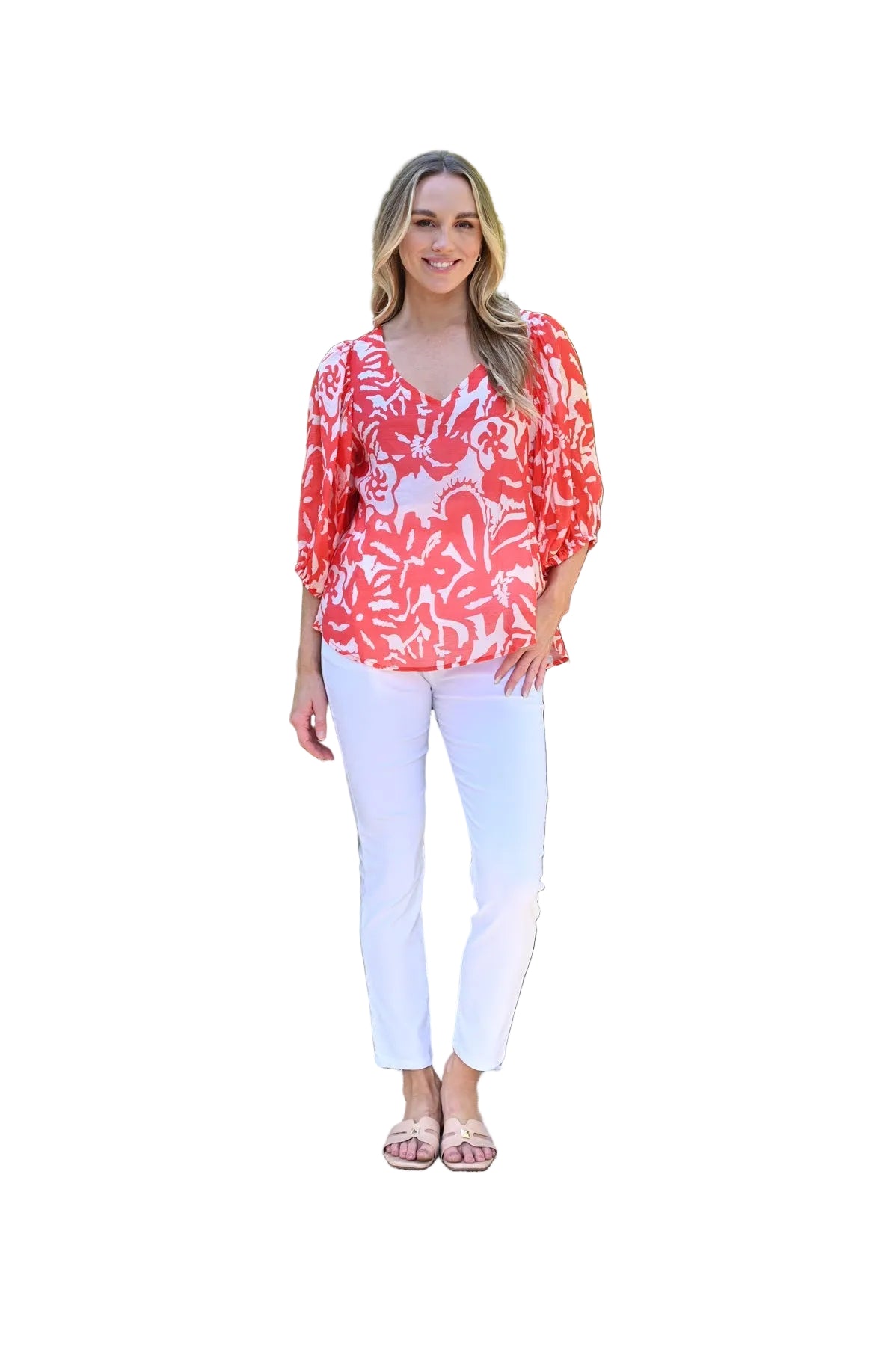 Puff Sleeve Floral Red and white Lined Cotton Top Tops Cali & Co 10