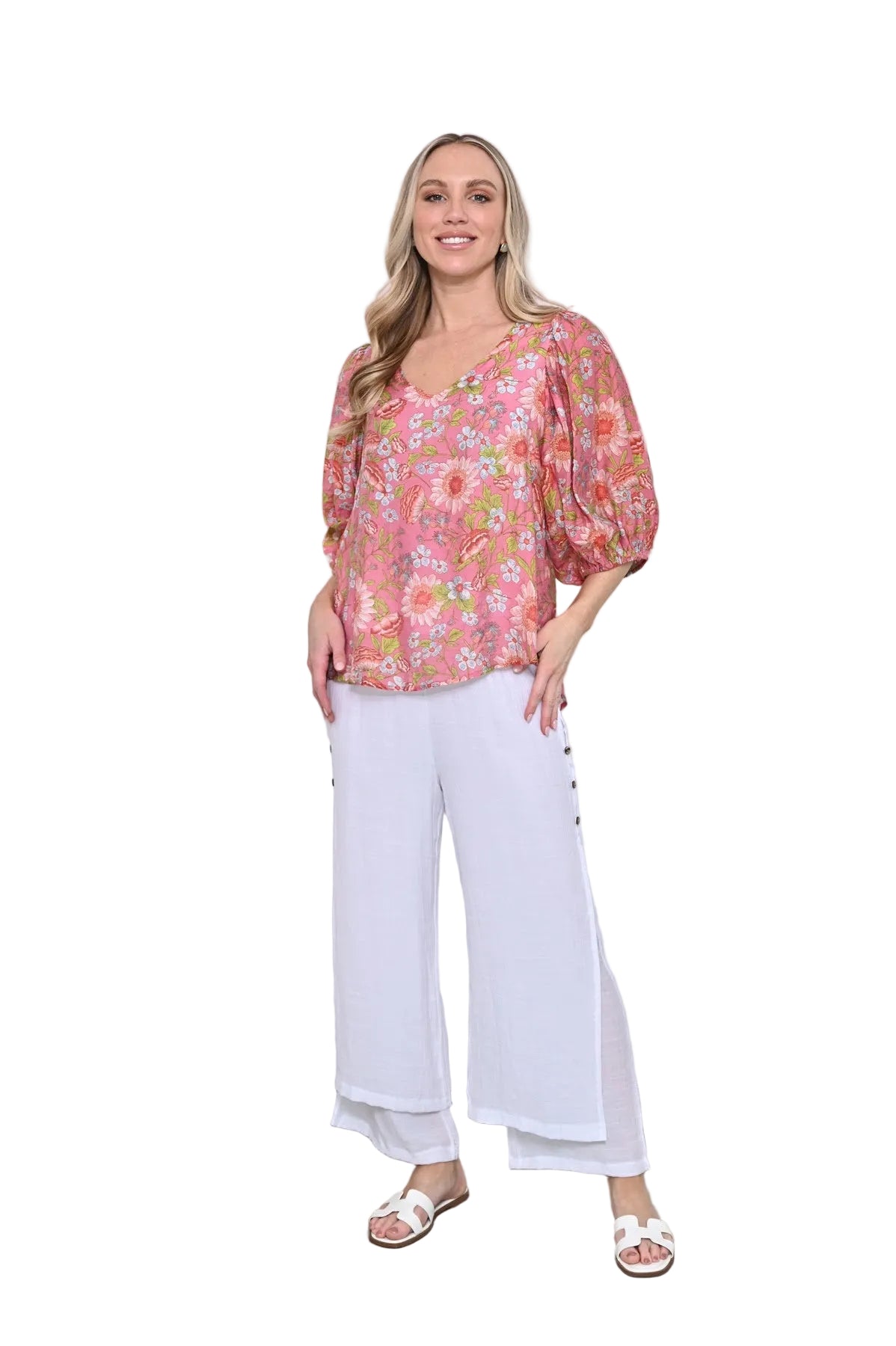 Puff Sleeve Floral Pink Cotton Top Tops Cali & Co 10