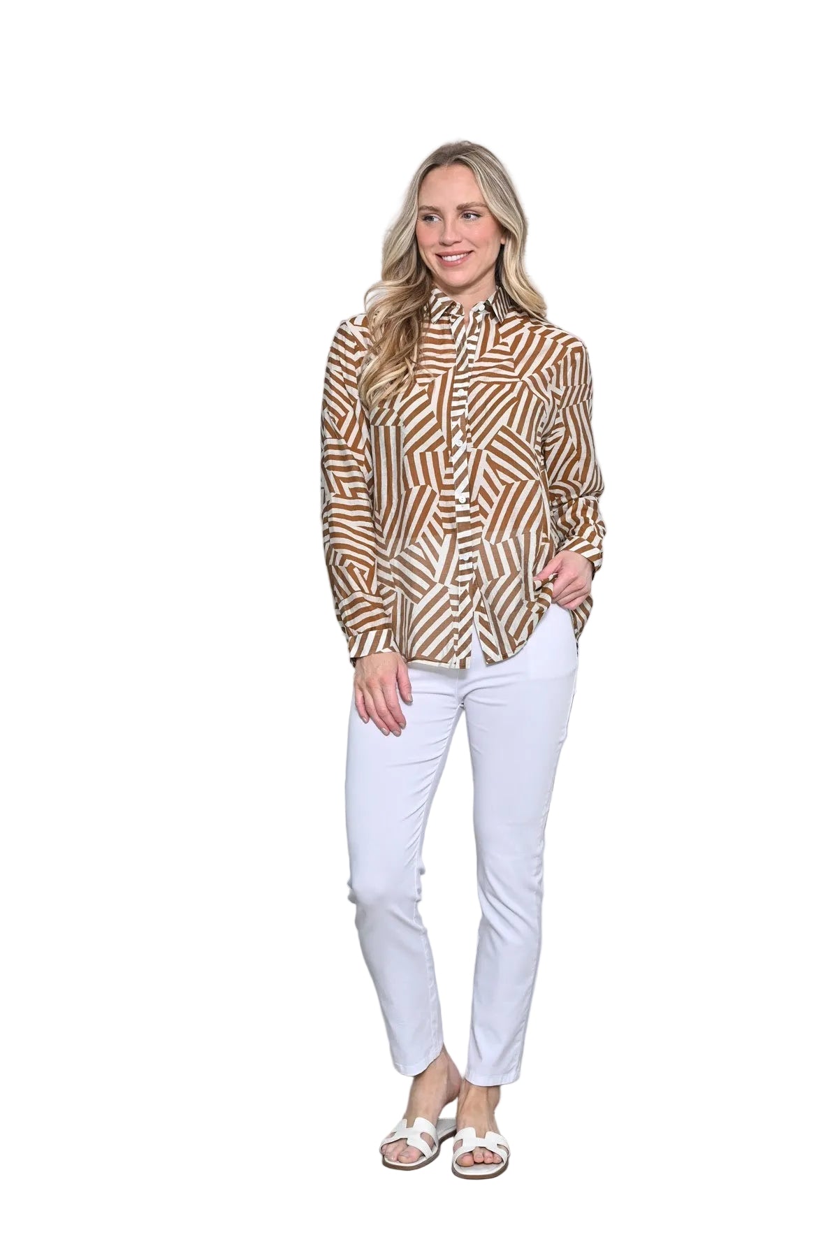 Geo Print Cotton Shirt Brown Tops Cali & Co 10