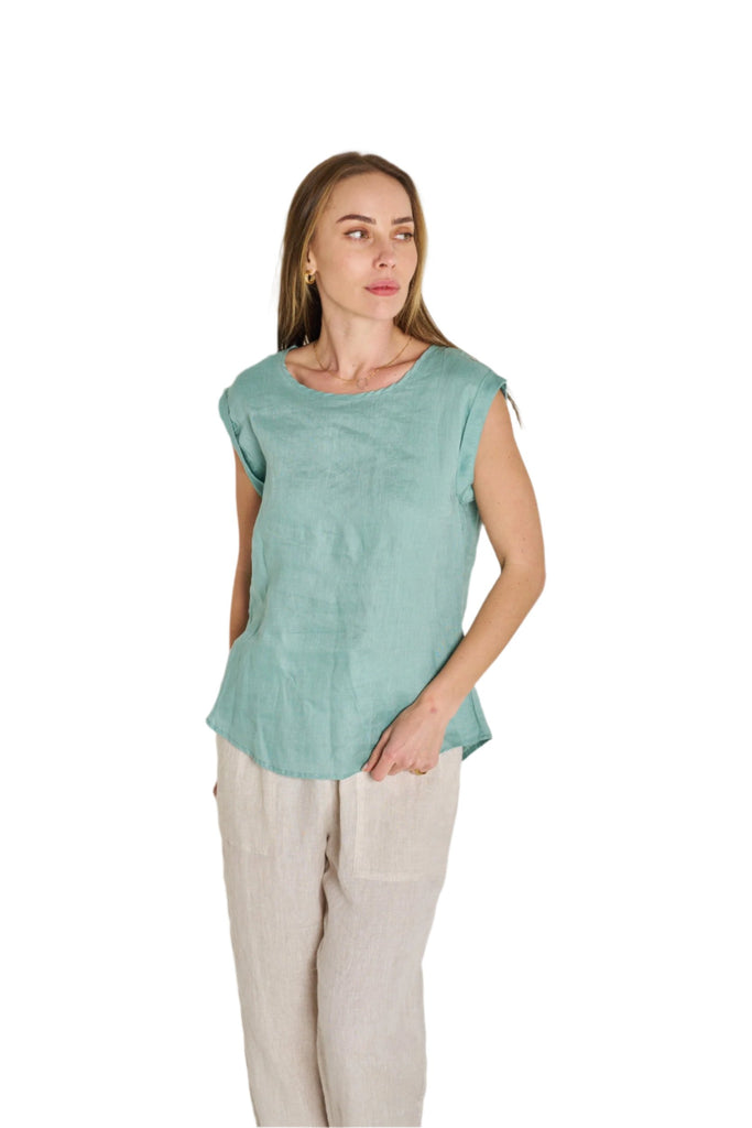 Amelia Top Linen Turquoise Tops Valeria Label S(8)  