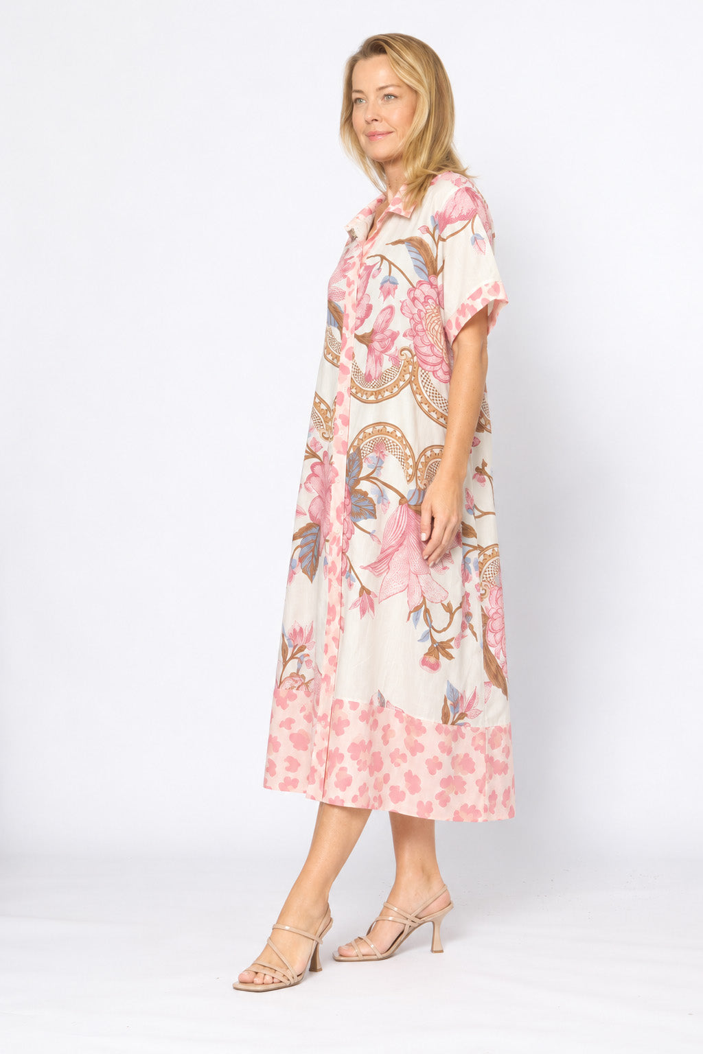 Cotton Shirt Dress  White / Pink Floral - Global Free Style