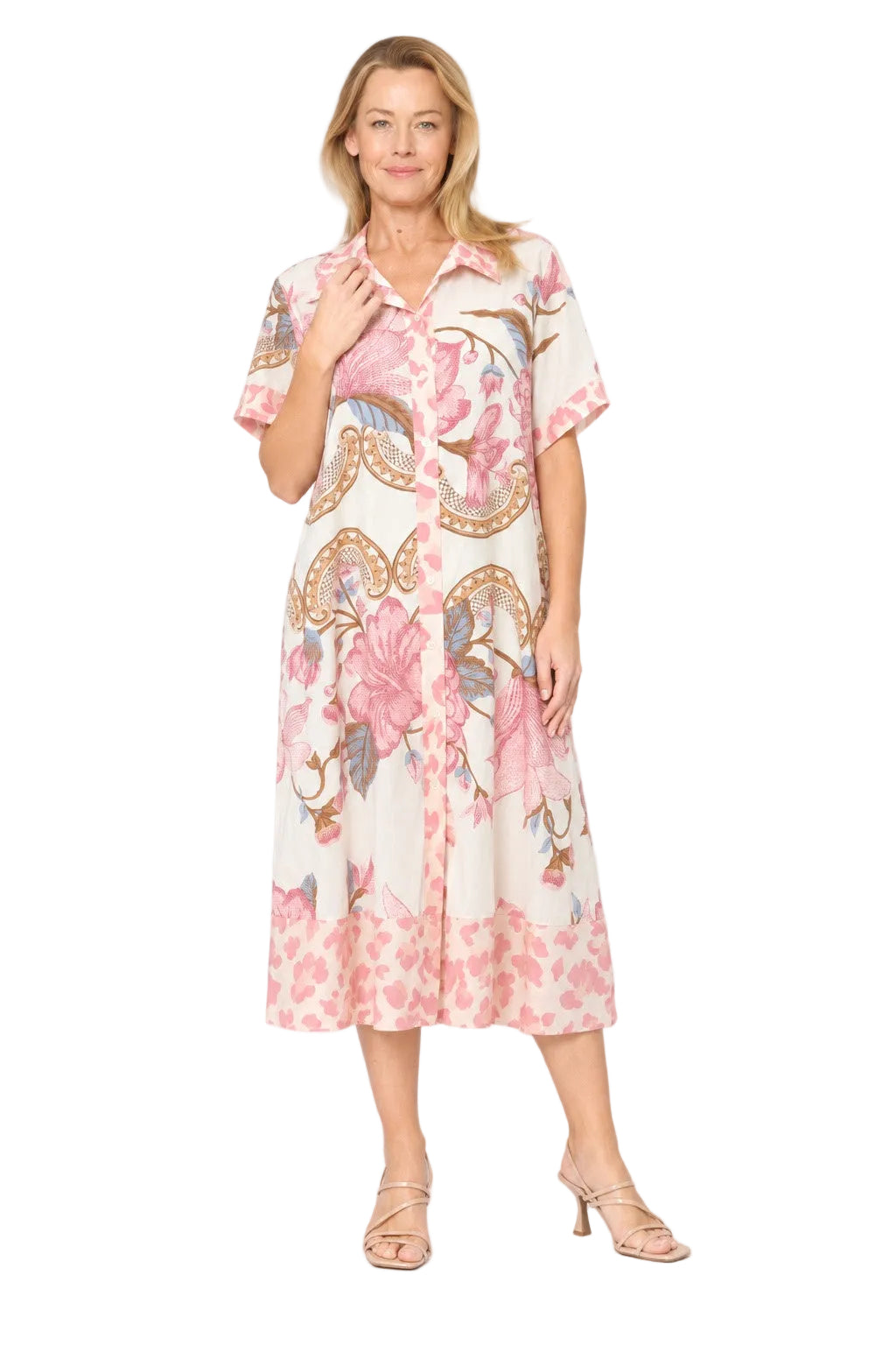 Cotton Shirt Dress  White / Pink Floral - Global Free Style