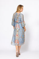 Chinese Collar V-neck Balloon Sleeve Dress With Slip Celeste /Pink Floral - Global Free Style