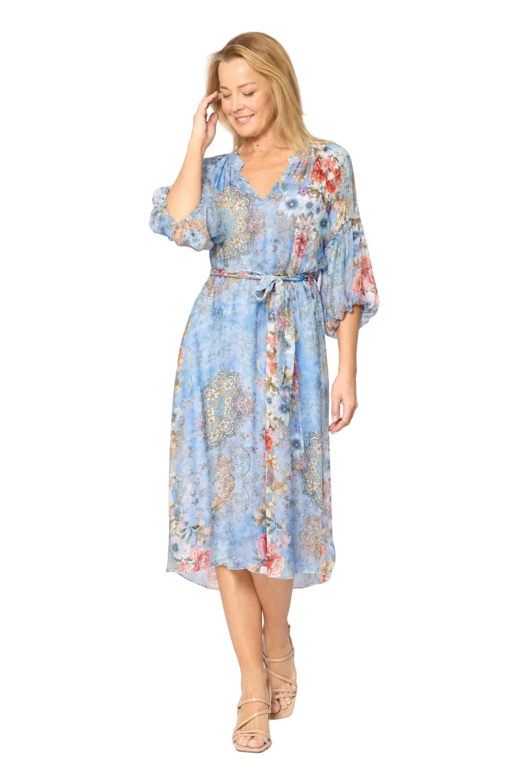 Chinese Collar V-neck Balloon Sleeve Dress With Slip Celeste /Pink Floral - Global Free Style