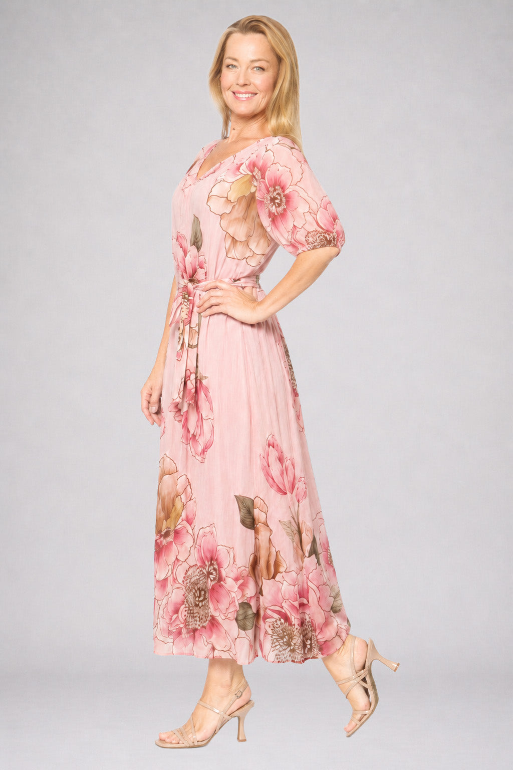 Puff Sleeve Shirt Dress With Slip Pink Floral - Global Free Style