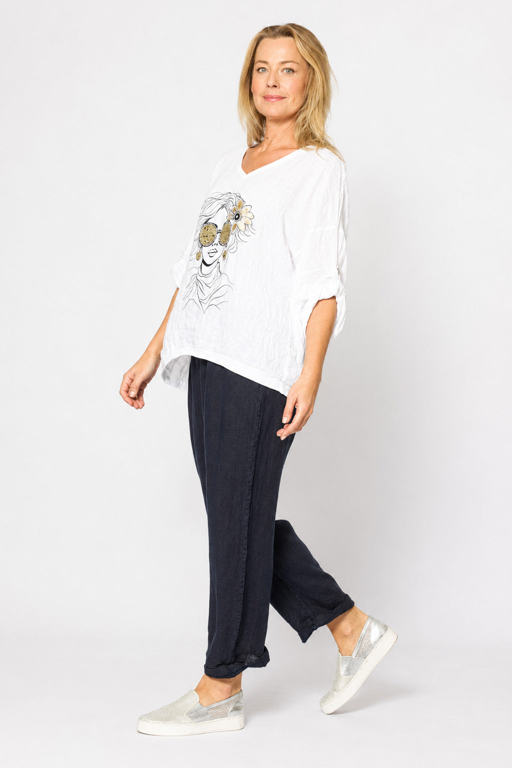 Rolled V-neck Top White Tops La Strada