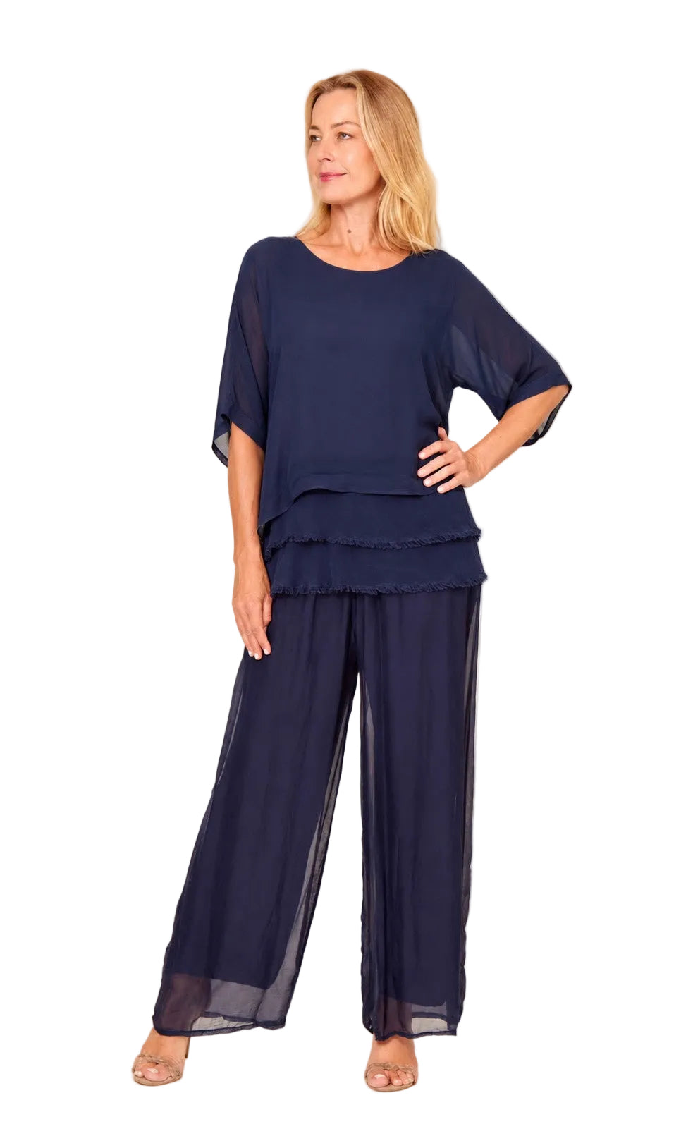 Silk Blended Three Layers Raw Egde Top Navy Tops La Strada S(8-10)